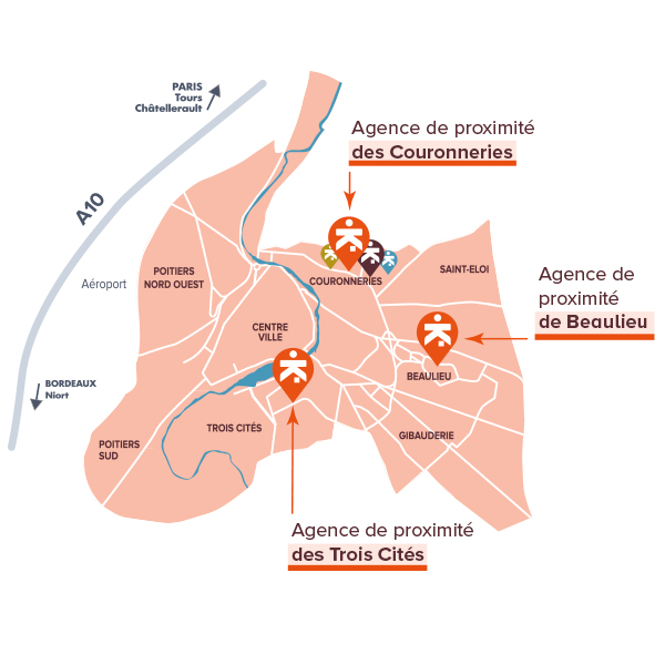 Carte présentant les 3 agences de proximité d'Ekidom sur une carte de Poitiers. Les 3 agences sont l'agence des Couronneries, l'agence de Beaulieu et l'agence des Trois Cités