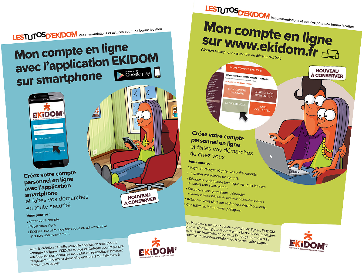 Couverture des Tutos d'Ekidom. Le premier étant : "Mon compte en ligne avec l'application EKIDOM sur smartphone" et le second : "Mon compte en ligne sur www.ekidom.fr"